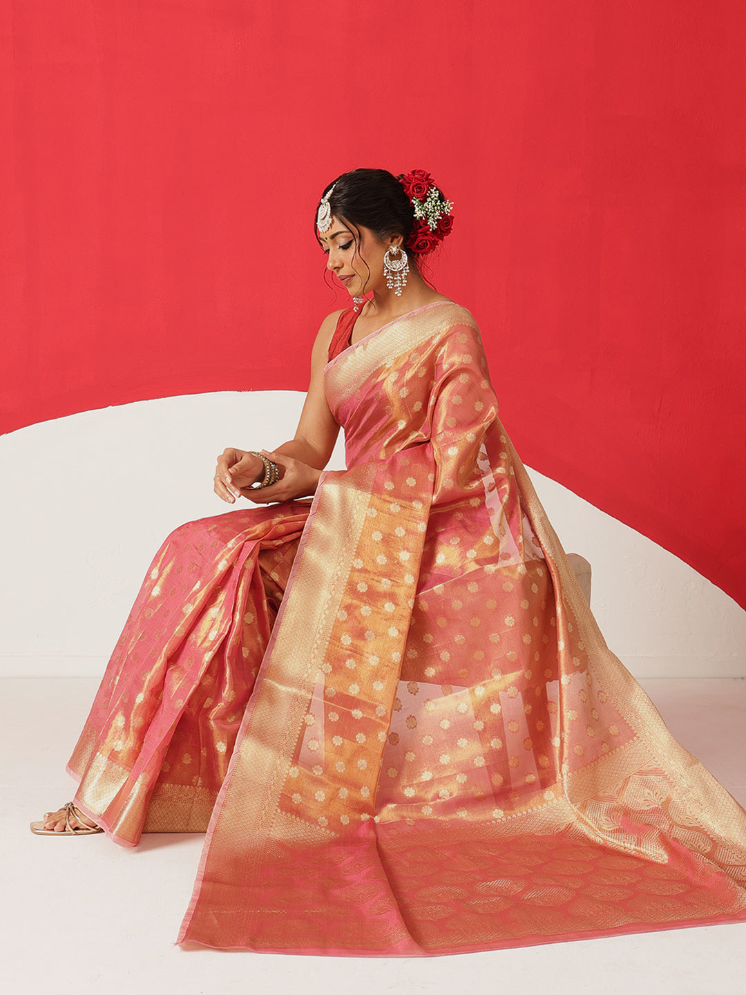 Semi Kanjivaram Tissue Silk Gold Zari Woven Ready to Wear Saree