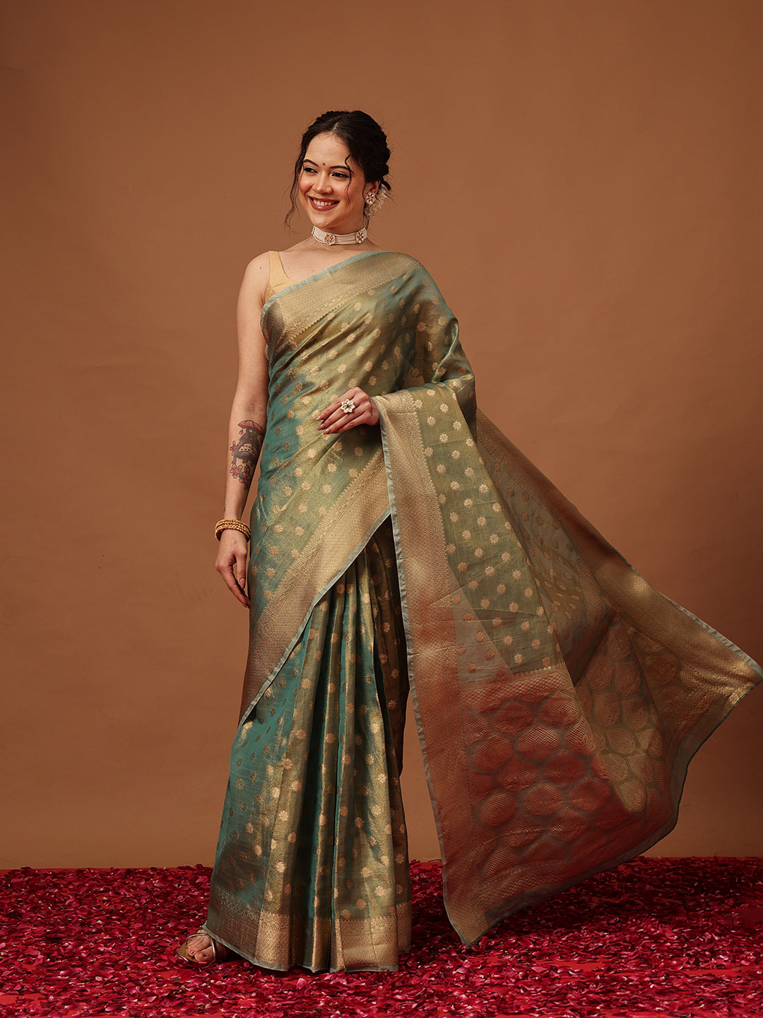 Semi Kanjivaram Tissue Silk Gold Zari Woven Ready to Wear Saree