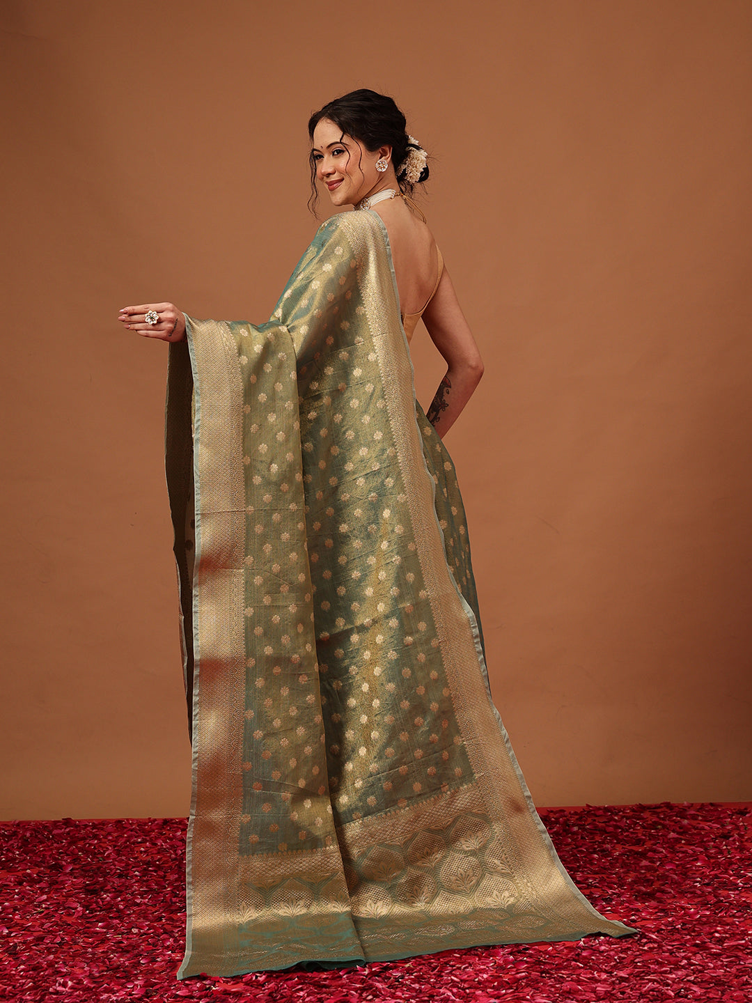 Semi Kanjivaram Tissue Silk Gold Zari Woven Ready to Wear Saree