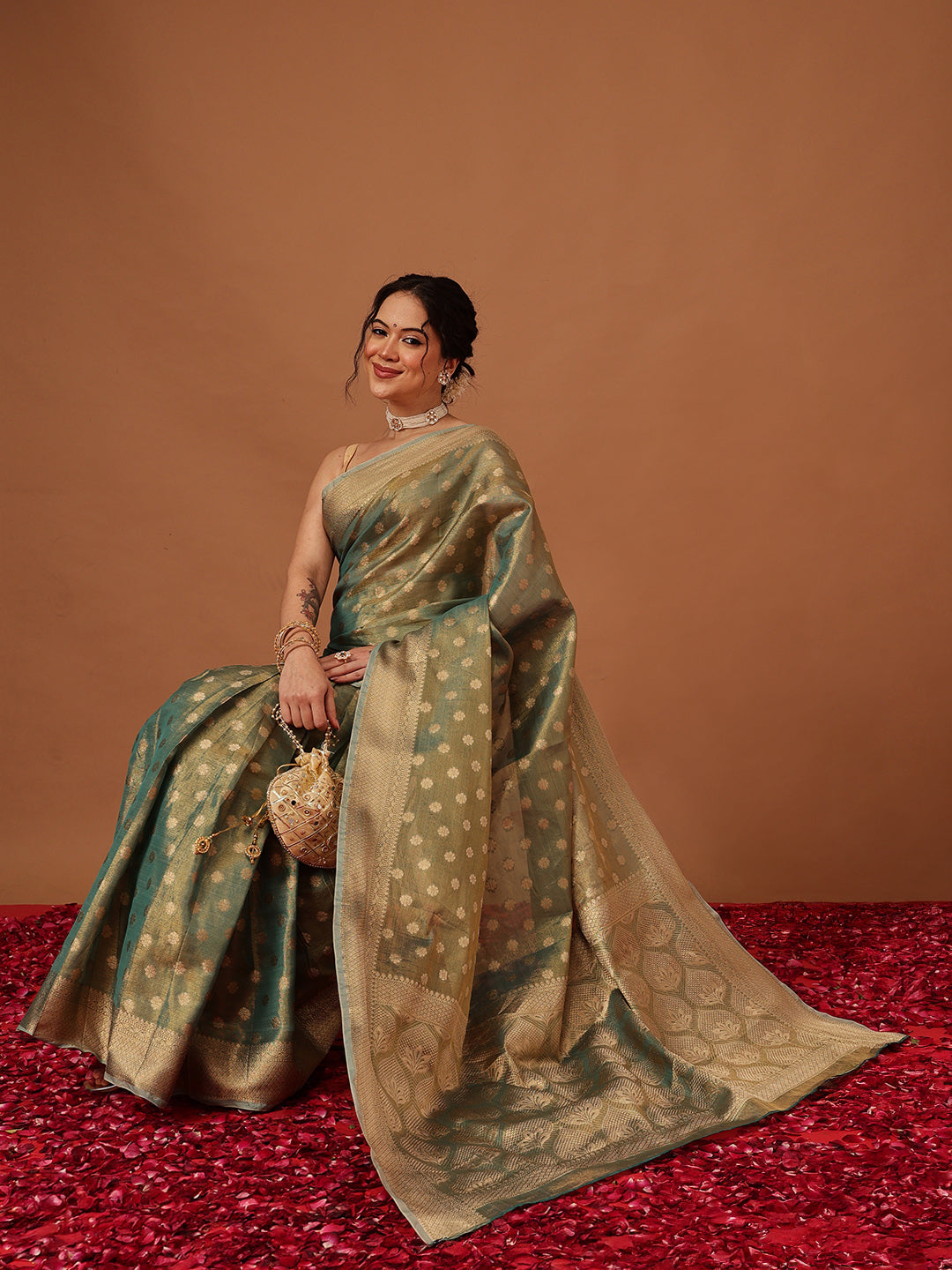 Semi Kanjivaram Tissue Silk Gold Zari Woven Ready to Wear Saree