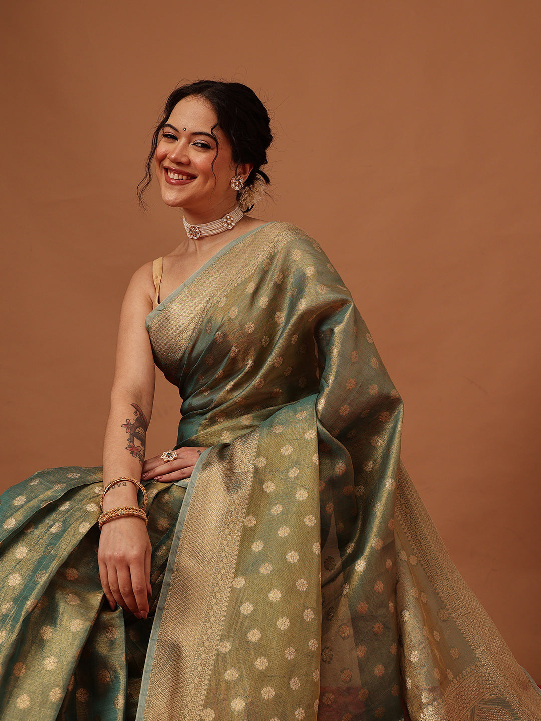 Semi Kanjivaram Tissue Silk Gold Zari Woven Ready to Wear Saree
