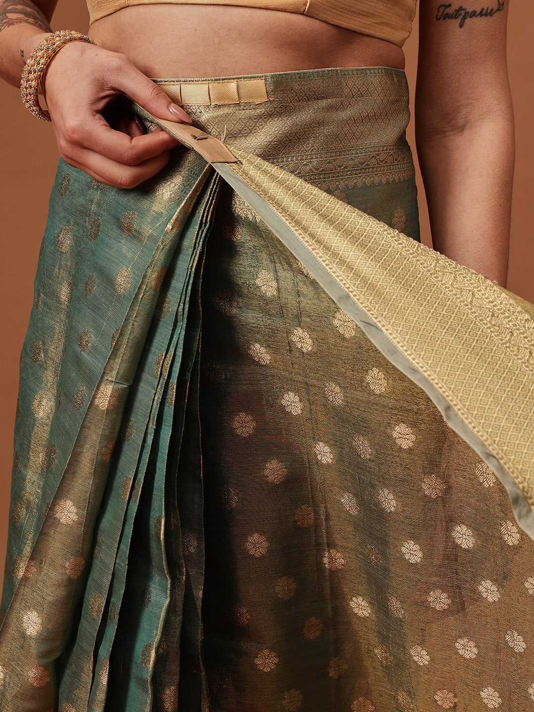 Semi Kanjivaram Tissue Silk Gold Zari Woven Ready to Wear Saree