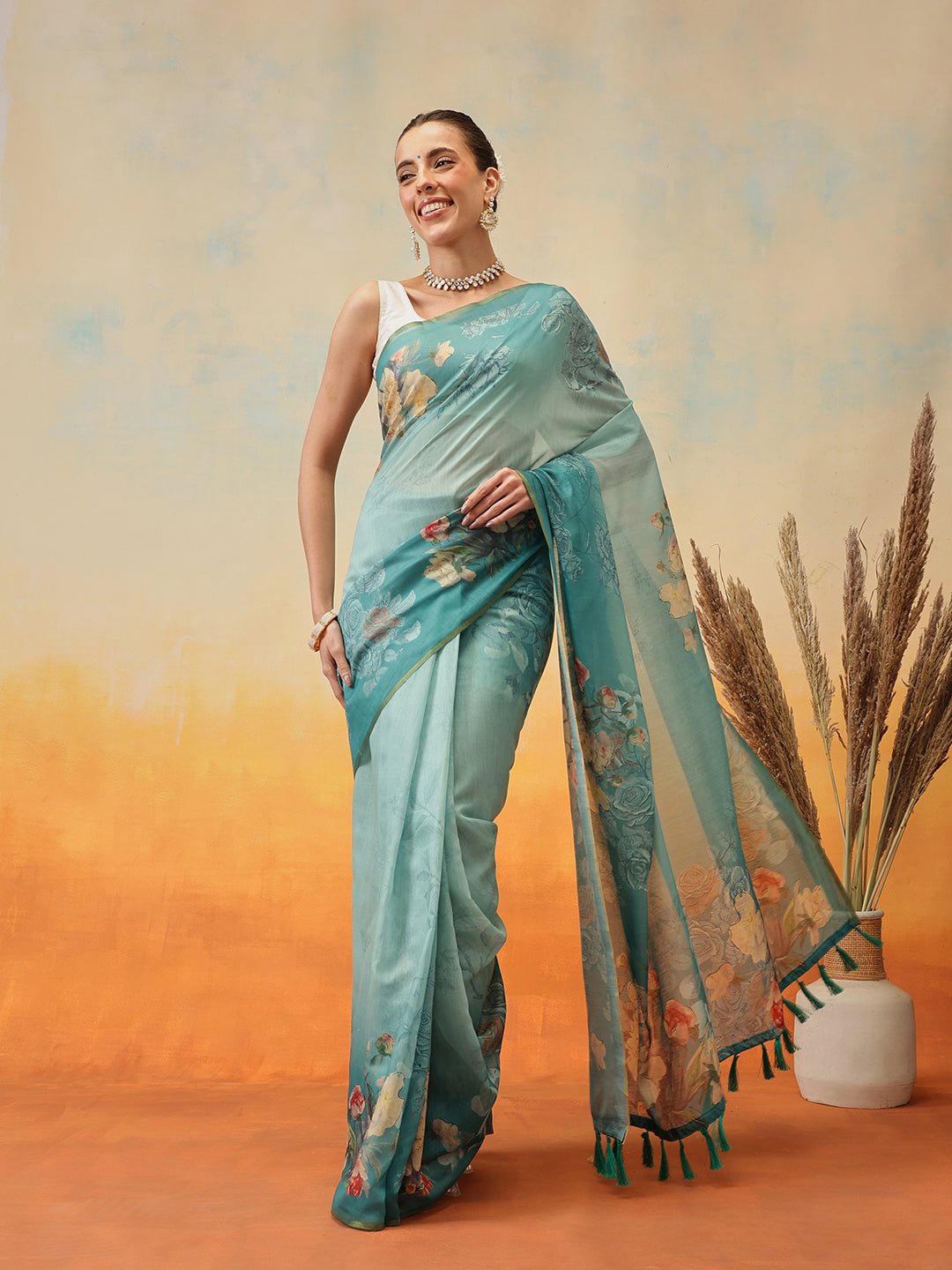Floral Printed Chanderi Organza Ready to Wear Saree