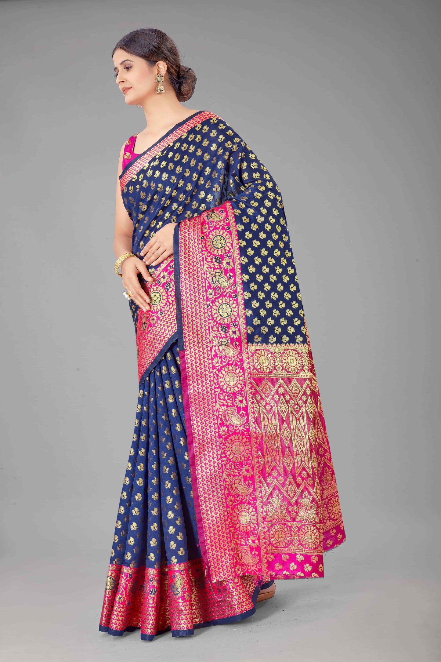 Women's Banarasi Silk Golden Zari Touch Woven Blue Saree