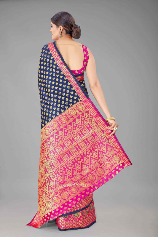 Women's Banarasi Silk Golden Zari Touch Woven Blue Saree