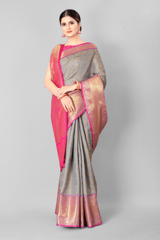 Women Heavy Border Checks Weaving Work Saree With Rich Pallu